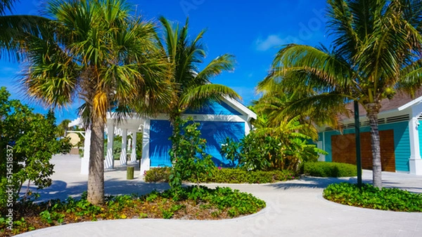 Fototapeta Beach on Ocean Cay Bahamas Island with a colorful houses and turquoise water
