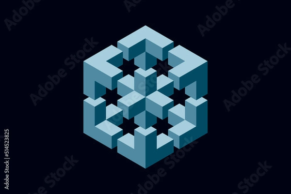 Fototapeta Blue impossible cube, web design element, optical illusion