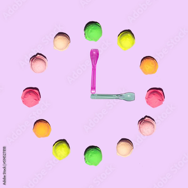 Fototapeta Colorful ice cream balls and spoons on light pastel purple background. Creative tasty food concept. Minimalistic sweets composition. Sunny summer idea.