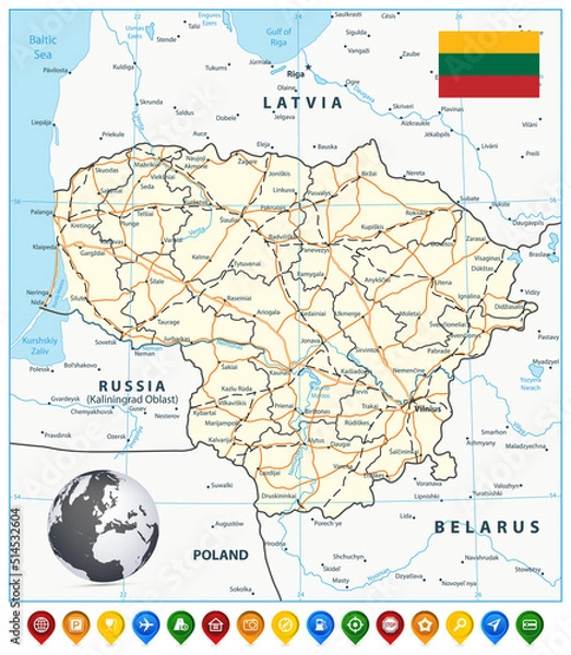 Obraz Lithuania Road Map and map icons