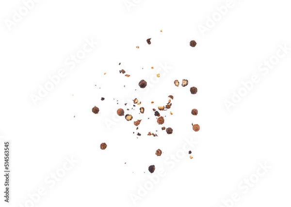 Obraz Izolowany czarny pieprz, widok z góry, białe tło.