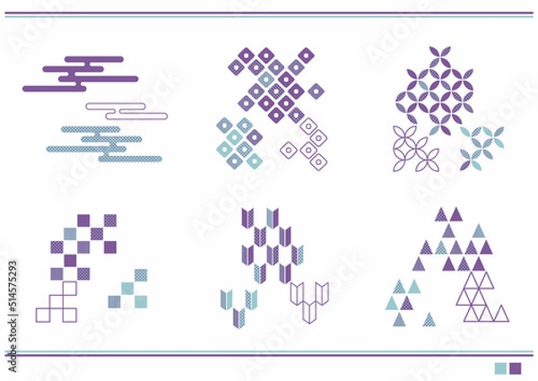 Fototapeta 組み合わせて使えるシンプルな和柄素材セット 紫×水色