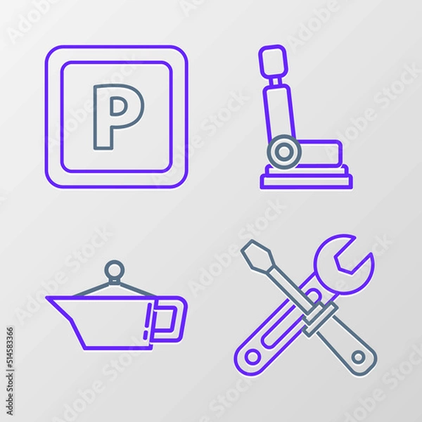 Fototapeta Set line Screwdriver and wrench tools, Canister for motor machine oil, Car seat and Parking icon. Vector