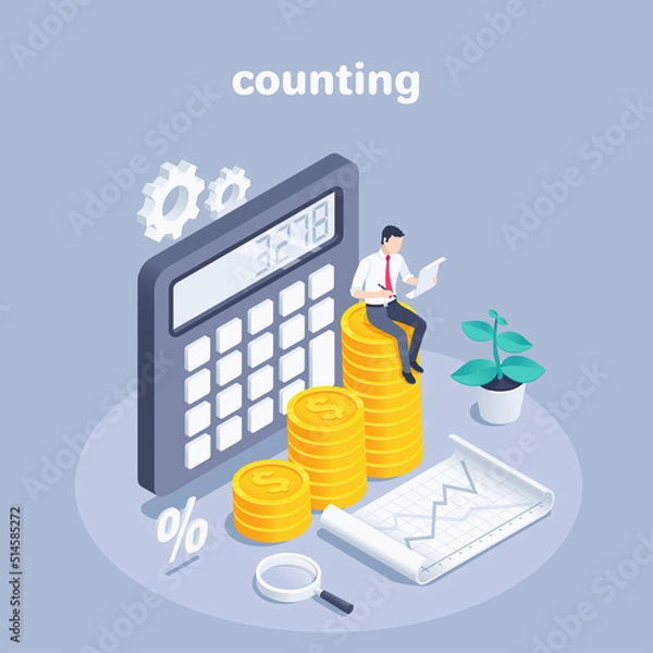 Fototapeta isometric vector illustration on a gray background, a man in business clothes sits on a chart of gold coins near a calculator, counting money or income statistics