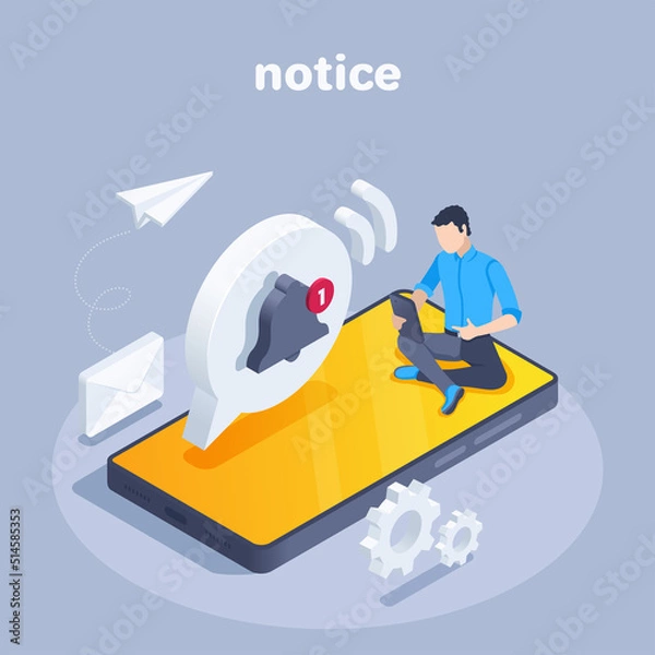 Fototapeta isometric vector illustration isolated on a gray background, notification with bell icon and man on smartphone screen, internet or mail messages