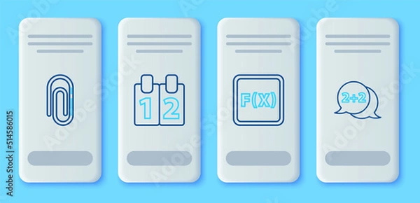 Fototapeta Set line Calendar, Function mathematical symbol, Paper clip and Equation solution icon. Vector