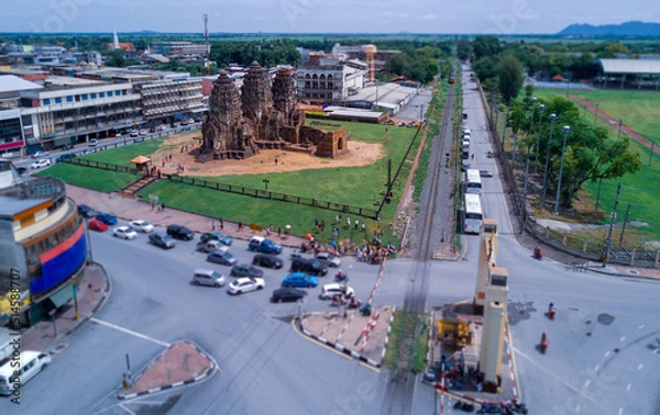 Fototapeta Aerial view of "Phra Prang Sam Yot" historic sites is the architectural landmark in the middle of Lopburi city near the railway station amazing Thailand.