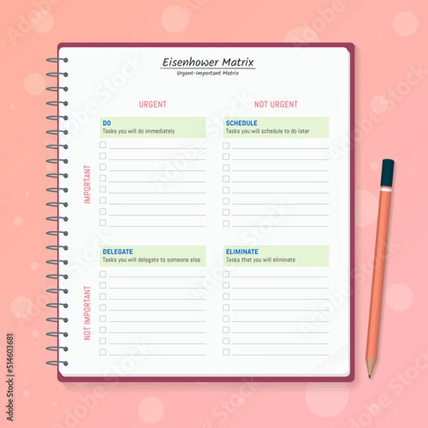 Obraz Eisenhower Matrix worksheet, urgent important matrix, Prioritize task, Task Management, Project Management, Process infographics