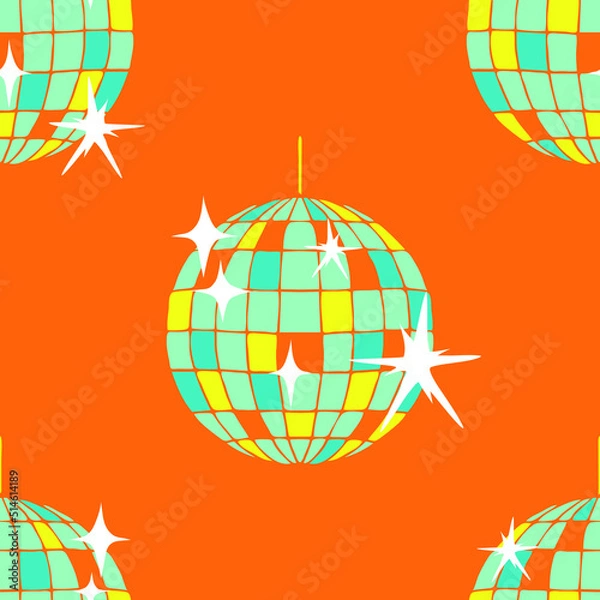Fototapeta Seamless vector pattern with disco ball on orange background. Simple retro party wallpaper design. Decorative glitter fashion textile.