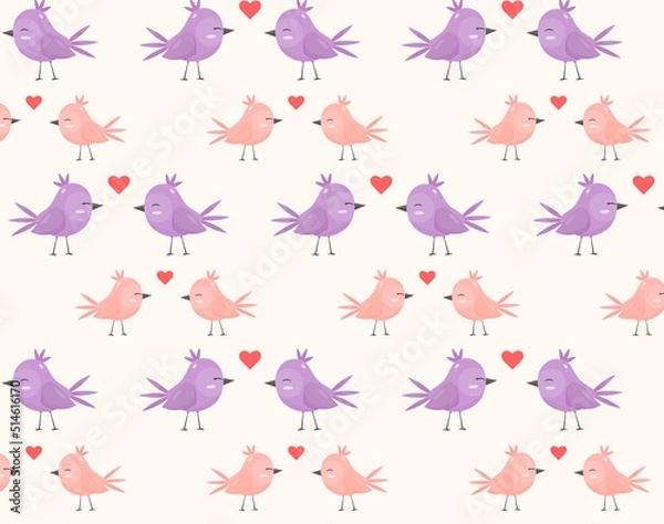 Fototapeta Seamless pattern with birds and hearts. Fabric pattern, apparel print, wrapping paper