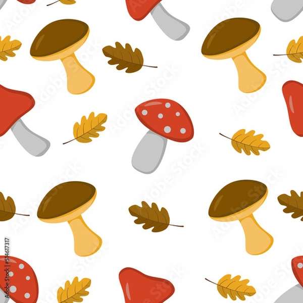 Obraz A pattern of brown and red mushrooms and yellow and brown leaves in a flat style. Vector image.