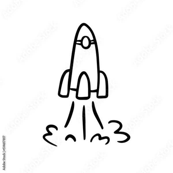 Fototapeta Rocket spaceship doodle vector hand drawn icon. Simple sketch outline. Drawing element silhouette