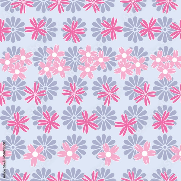 Fototapeta Vector blue background white pink cherry tree flowers and cherry blossom sakura flowers. Seamless pattern background