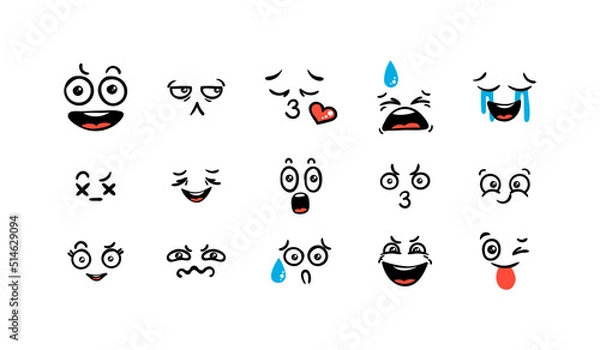 Fototapeta Various Cartoon Emoticons Set. Doodle faces, eyes and mouth. Caricature comic expressive emotions, smiling, crying and surprised character face expressions