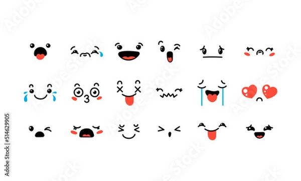 Fototapeta Various Cartoon Emoticons Set. Doodle faces, eyes and mouth. Caricature comic expressive emotions, smiling, crying and surprised character face expressions