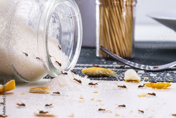 Fototapeta red ants eating sugar over messy table, ant infestation indoors