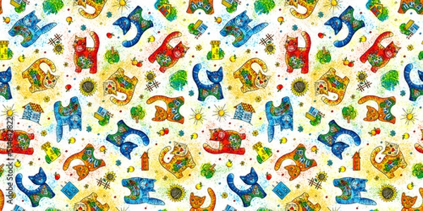 Fototapeta Cheerful splashed colored watercolor cats, seamless pattern for fabric and clothing, wrapping paper for scrapbooking, template for postcard design