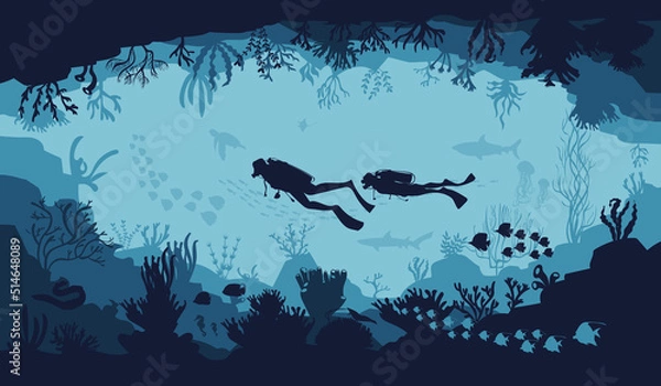 Obraz silhouette of coral reef with fish and divers on blue sea background underwater vector illustration	