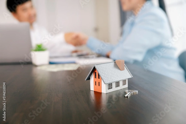 Obraz Real estate brokers or real estate agent with client or architect team Discussions about contracts , Saving money to invest in house or property in the future. Business property Concept.