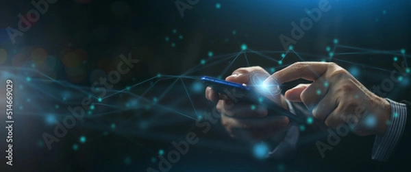 Fototapeta Connecting people on the internet, nodes transforming. Social network connections. Information technology of internet of things IOT big data clouds computing using artificial intelligence AI.