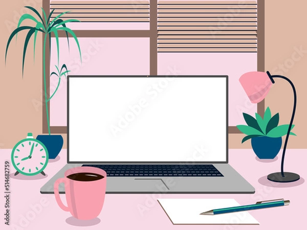 Fototapeta Raster image - a laptop on a table with a lamp, a cup of coffee and a potted flower in front of a window with blinds.  Concept - freelancing and online learning
