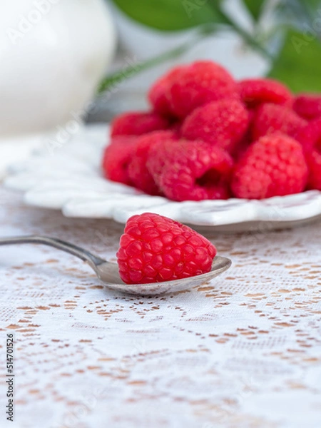 Fototapeta  Red raspberries on white laced tablecloth
Download preview
Red raspberries and white lace in a shabby chic background. Red berry in a spoon.
