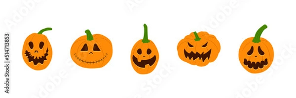 Obraz Set of Halloween pumpkins with scary smiling faces. Vector flat style illustration for design poster, banner, print