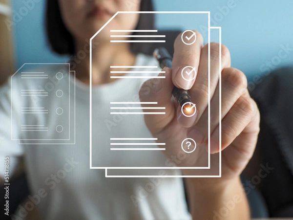 Fototapeta Concept of doing online quiz or questionnaire questionnaire icon on digital window, work scoring, completion check within the organization.