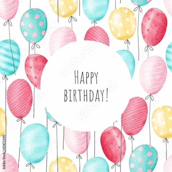 Fototapeta Happy birthday greeting card with watercolor balloons on a white background. Stock illustration.