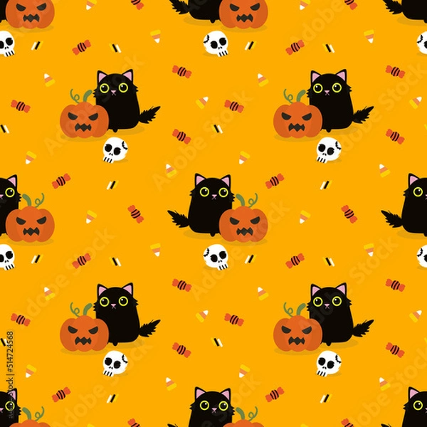 Obraz Cute Black Cat and Halloween Pumpkin Seamless Pattern