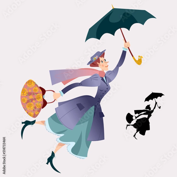Fototapeta A woman in a retro suit, with a large bag in her hand flying with an umbrella
