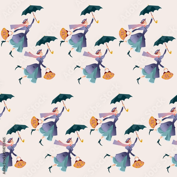 Fototapeta A woman in a retro suit, with a large bag in her hand flying with an umbrella. Seamless background pattern
