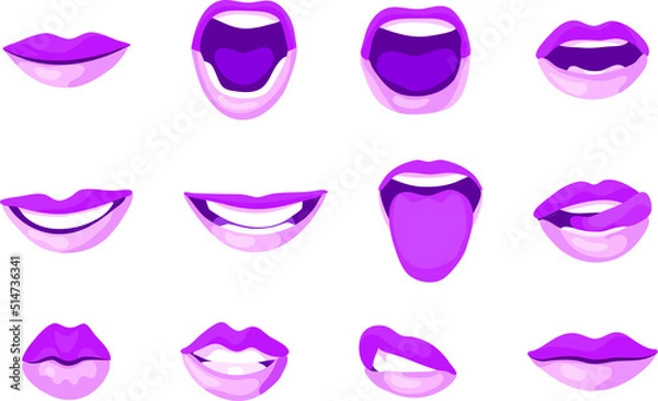 Obraz Set of woman's lips in different facial expressions including smiling, speaking, and licking.. Isolated vector illustrations.