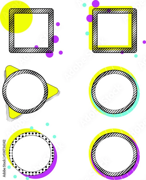 Obraz Six 80s-inspired geometric square and circle frames with neon blue, purple, and yellow coloring. Isolated vecotr illustrations.