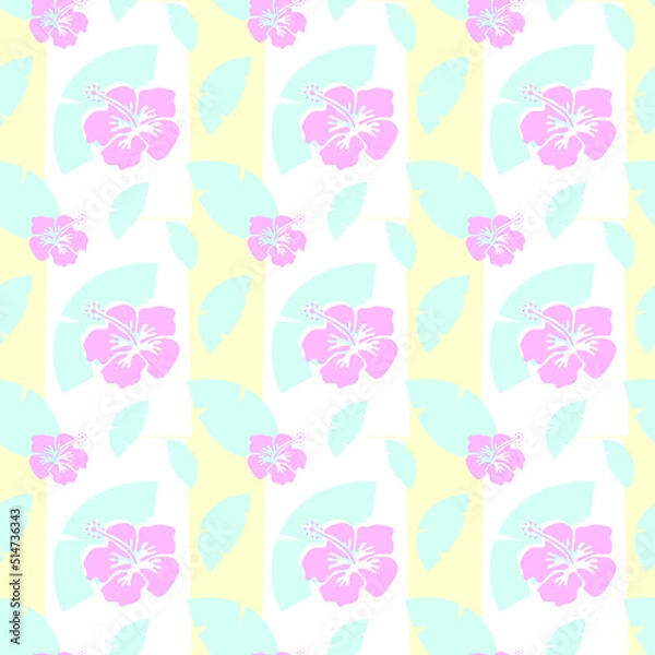 Obraz Pastel pink hibiscus flowers and blue palm leaves on a yellow and white striped background. Seamless repeating vector background.