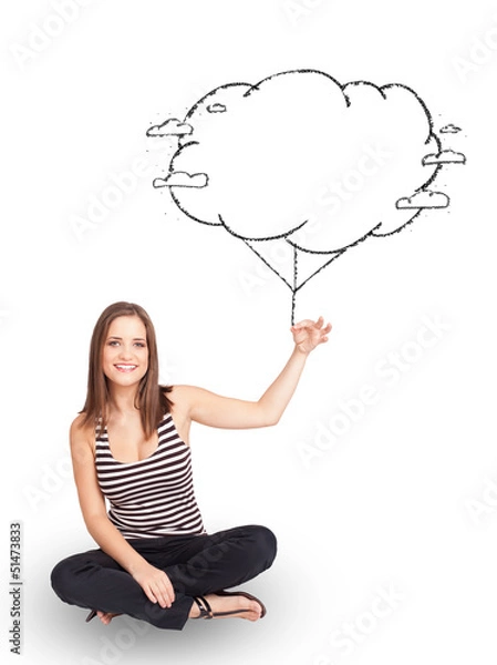Fototapeta Young lady holding cloud balloon drawing