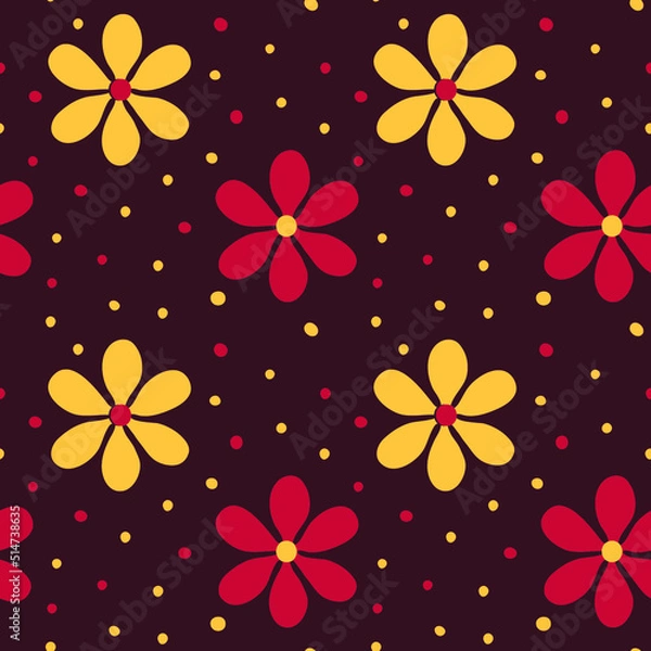 Obraz Retro 1970s-style flowers and dots on a brown background. Seamless repeating vector background.