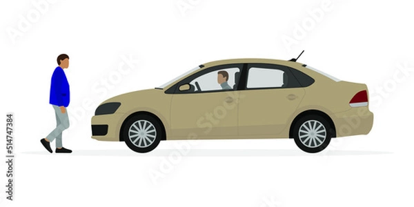 Obraz Beige passenger car with a driver and a male character in front of the car on a white background