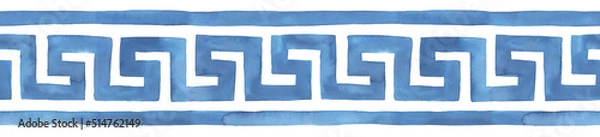 Obraz Seamless repeatable border of stylized Greek Key (Meander) pattern in blue colour with artistic stains and brush strokes. Hand painted watercolor illustration on white, isolated element for design.
