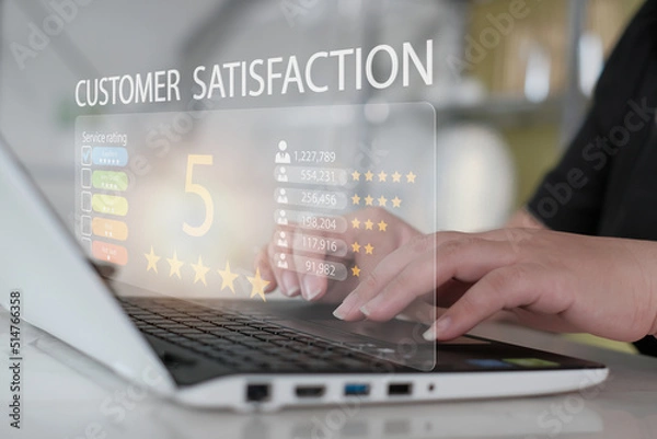 Fototapeta Customer review satisfaction feedback survey concept, User give rating to service experience on online application, Customer can evaluate quality of service leading to reputation ranking of business.