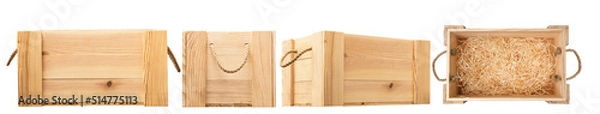 Fototapeta wooden box with rope handles isolated on white background. Empty wooden box with rope handles isolated on white background. background . Close-up, Set of empty wooden crates on white background