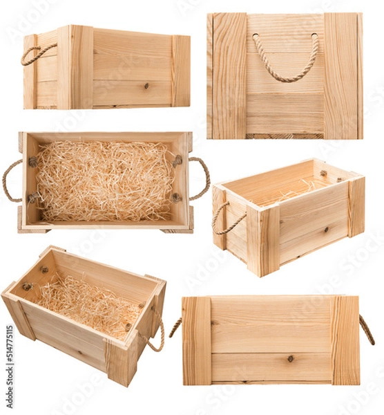 Fototapeta wooden box with rope handles isolated on white background. Empty wooden box with rope handles isolated on white background. background . Close-up, Set of empty wooden crates on white background