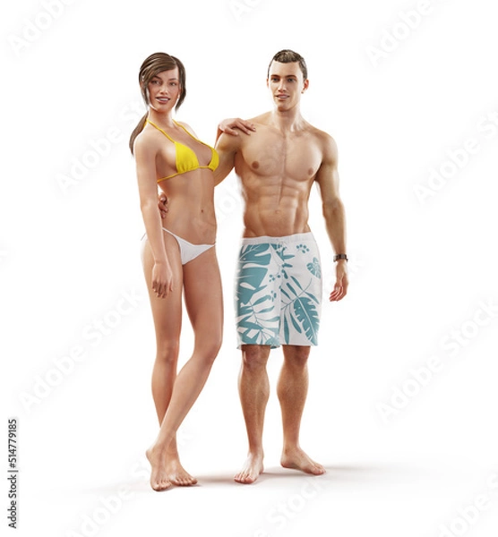 Obraz Unusual 3d illustration of a beautiful young couple in swimming clothes. Summertime. Traveling and vacation concept