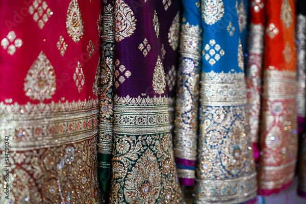 Obraz Display of Indian Sarees, Colorful Fancy Sarees in Saree Store, ready to be sell in market. 