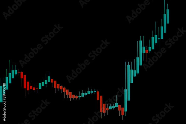 Fototapeta Stock chart of a growing market on a black background. Background graph of financial data to overlay on the screen. Financial growth chart. Red and green Japanese stock candlesticks on black