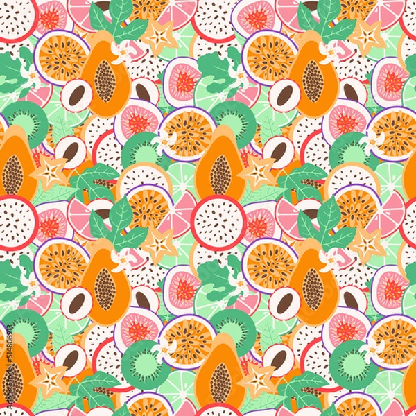 Fototapeta Seamless exotic fruit pattern. Juicy tropical cocktail with fruit slices, leaves, flowers. Hand drawn doodle vector illustration. Bright summer print for fabric, wallpaper, wrapping paper, background