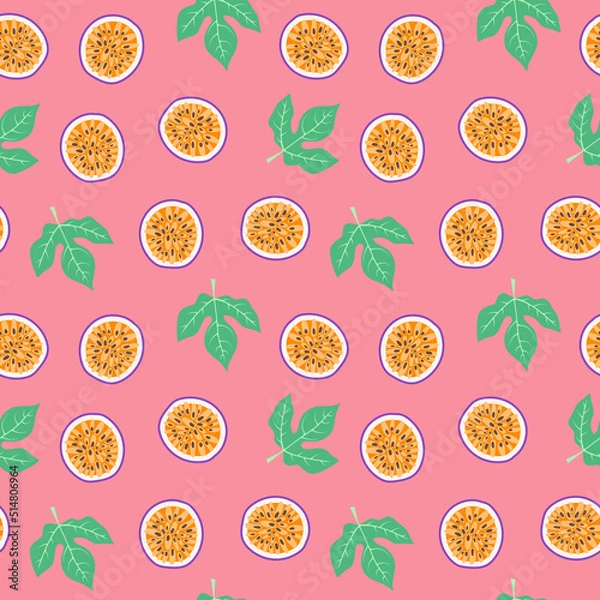 Fototapeta Seamless maracuja pattern. Passion fruit slices and tropical leaves. Hand drawn doodle flat vector illustration. Summer pastel fruit print 
for fabric, wallpaper, wrapping paper, food package design