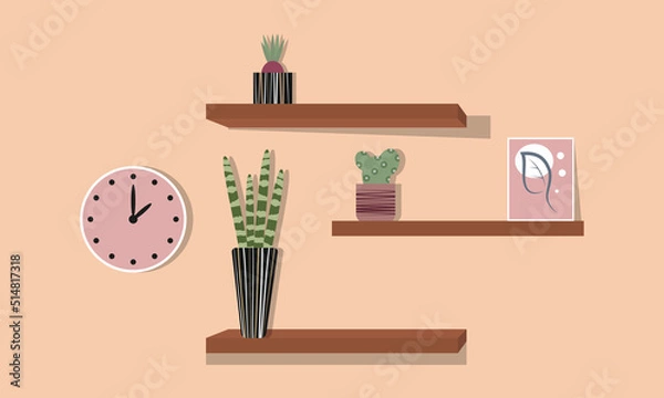 Fototapeta Cactuses in pots stand on the shelves. Decorative plants set isolate on white background. Vector illustrations set