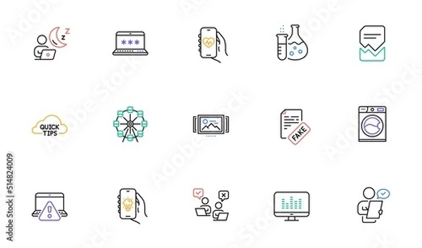 Fototapeta Online warning, Fake news and Ferris wheel line icons for website, printing. Collection of Health app, Customer survey, Chemistry flask icons. Online voting, Shift, Quick tips web elements. Vector