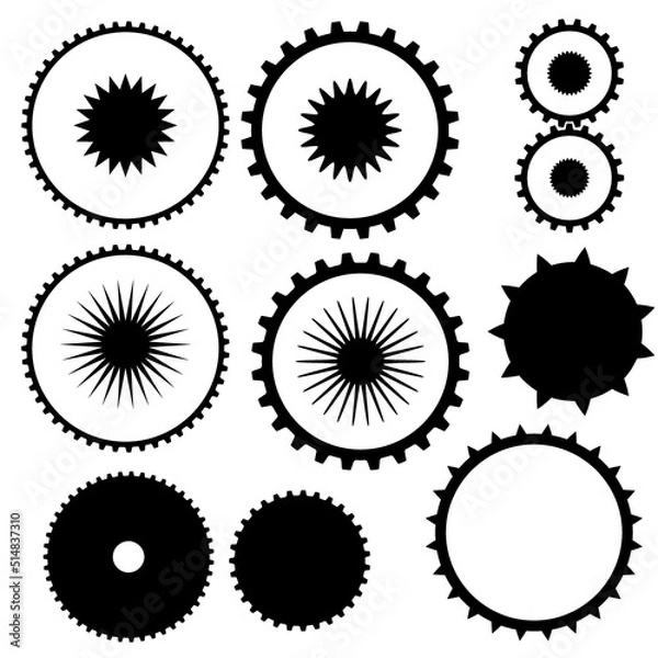 Fototapeta A set of different gears in black in vector.